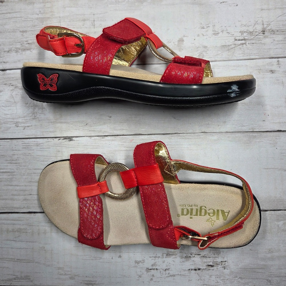 Alegria Julie‎ Slingback Sandals Red Glitter Gold Ring Women 37 US 7-7.5 Red